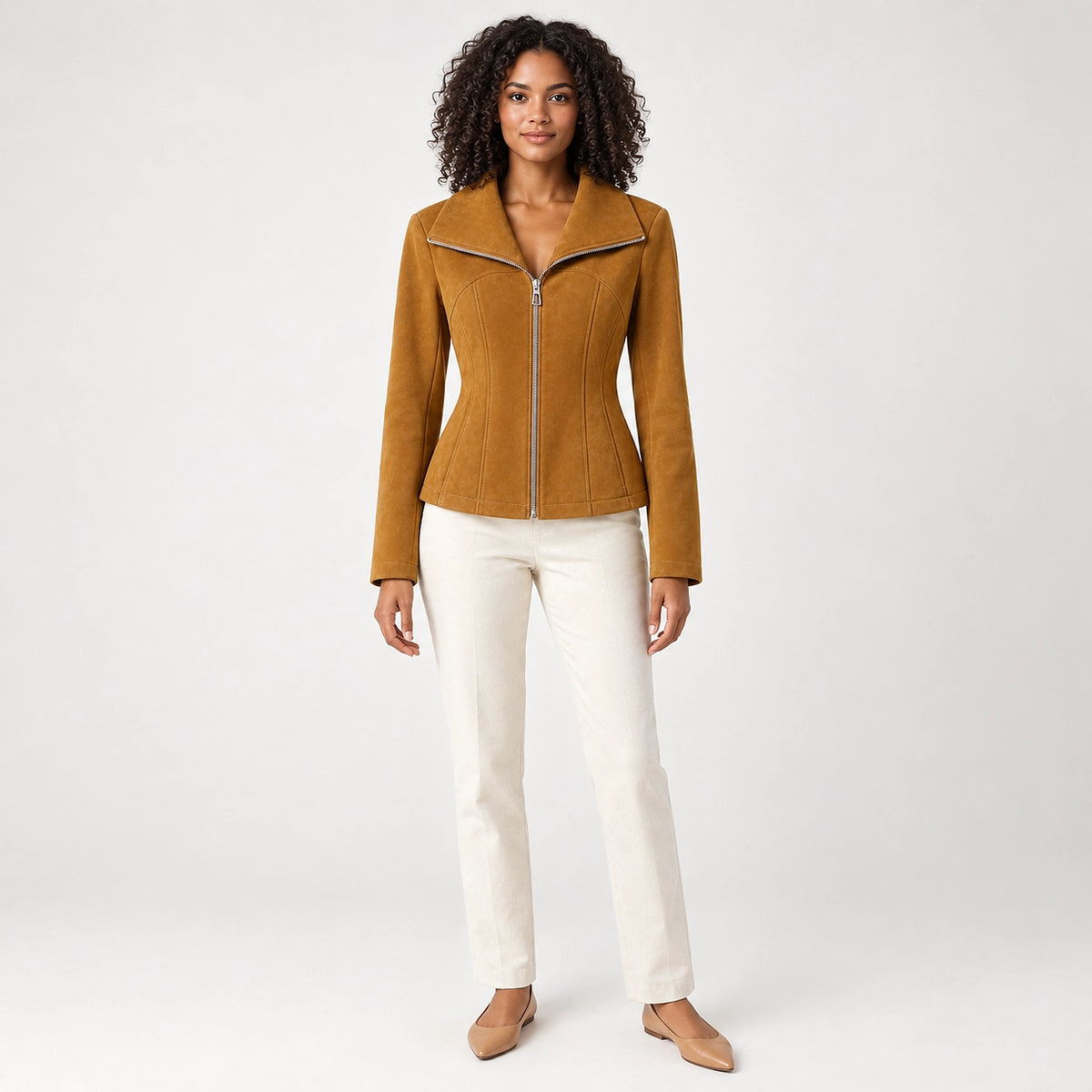 Brynn Sheepskin Leather Jacket — Yellow-brown (apparel front)