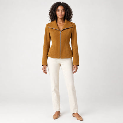 Brynn Sheepskin Leather Jacket — Yellow-brown (apparel front)
