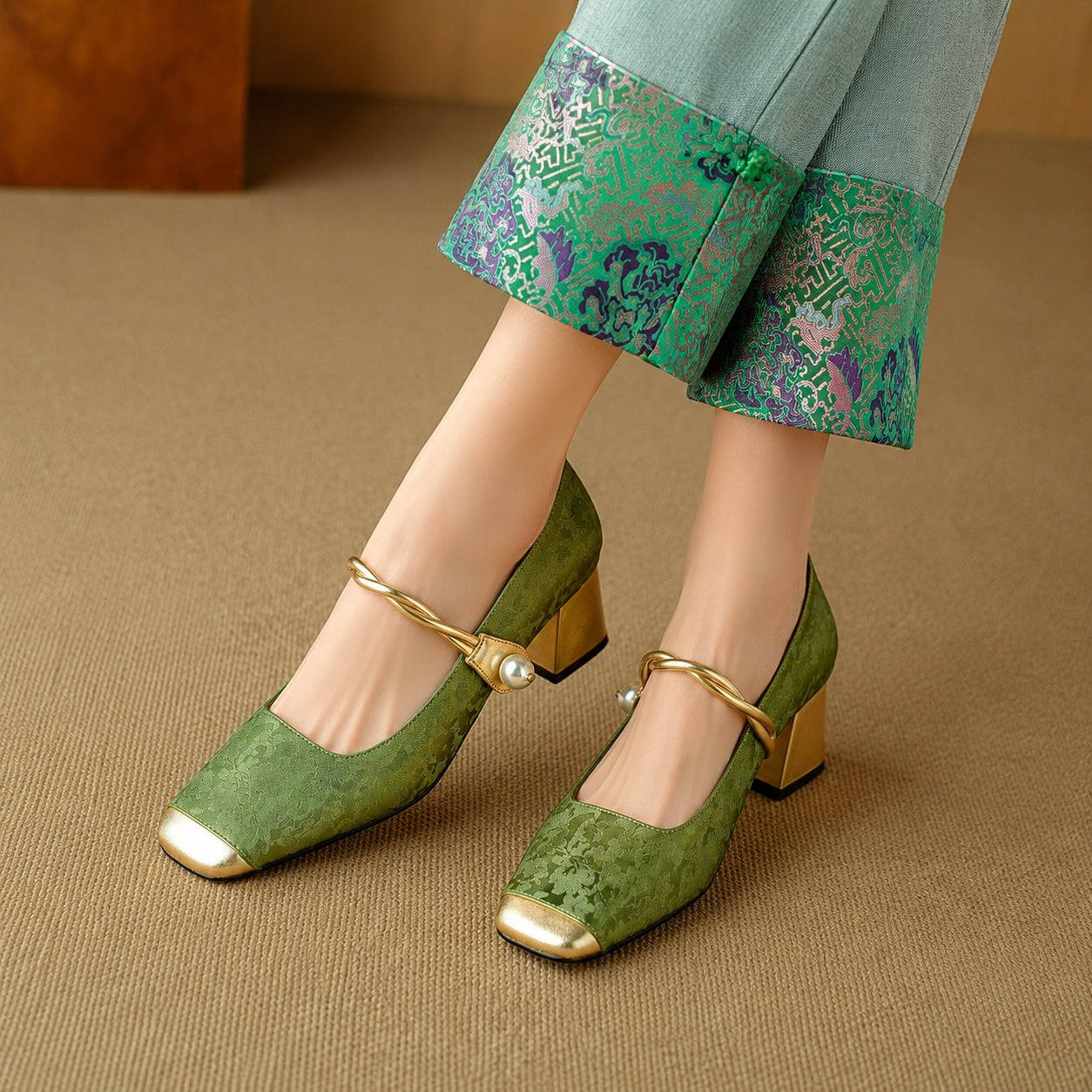 Chantilly Jacquard Block Heel Pumps